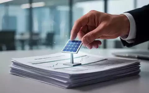 Eine Hand platziert ein stilisiertes Solarpanel-Symbol auf einem Stapel Finanzdokumente, die Aktienzertifikate darstellen. - Foto: über boerse-global.de