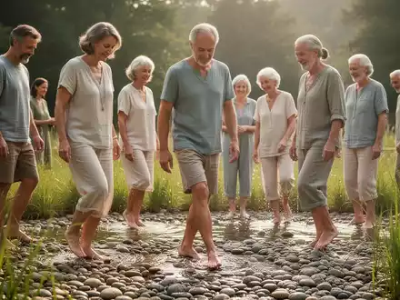 Eine Gruppe von Erwachsenen nimmt an einer Kneipp-Therapie teil und geht barfuß auf einem natürlichen Untergrund. - Foto: über boerse-global.de