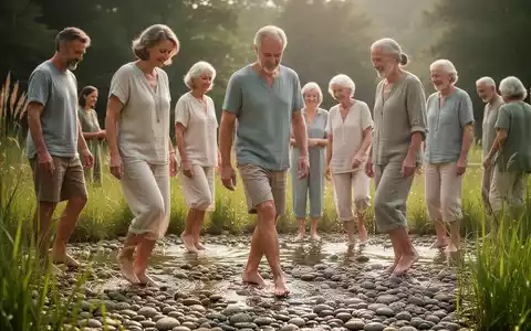Eine Gruppe von Erwachsenen nimmt an einer Kneipp-Therapie teil und geht barfuß auf einem natürlichen Untergrund. - Foto: über boerse-global.de