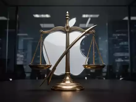 Apfel-Logo trifft auf Waage der Justiz, Symbol für Kartellvergleichsgespräche. - Foto: über boerse-global.de