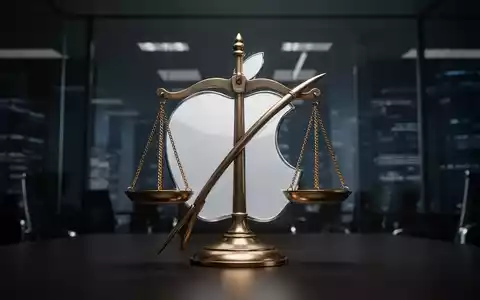 Apfel-Logo trifft auf Waage der Justiz, Symbol für Kartellvergleichsgespräche. - Foto: über boerse-global.de