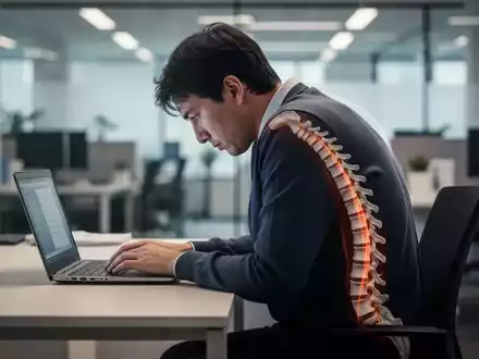 Eine Person sitzt mit gebeugtem Rücken und gesenkten Schultern an einem Schreibtisch vor einem Laptop, Seitenansicht. - Foto: über boerse-global.de