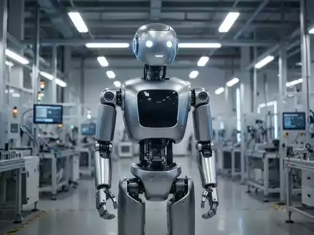 Eleganter, fortschrittlicher humanoider Roboter mit minimalistischen Design in einer modernen, hell erleuchteten Fertigungsanlage. - Foto: über boerse-global.de