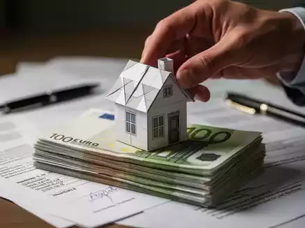 Eine Hand legt ein kleines Papierhaus auf einen Stapel Euro-Banknoten, um Immobilienbesteuerung und Spekulationssteuer darzustellen. - Foto: über boerse-global.de