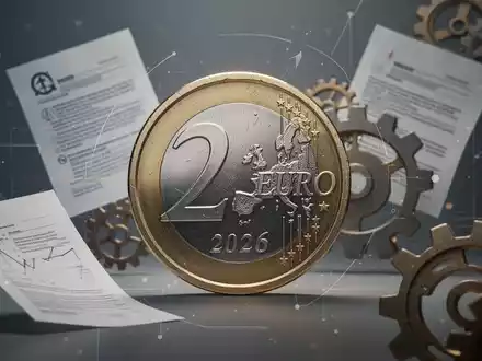 Eine deutsche Euro-Münze mit der Jahreszahl 2026, umgeben von stilisierten Dokumenten und Zahnrädern, die politische Änderungen darstellen. - Foto: über boerse-global.de