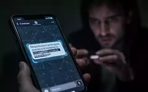 Ein Smartphone-Bildschirm zeigt eine betrĂŒgerische Nachricht, im unscharfen Hintergrund angedeutete Schatten einer Transaktion. - Foto: ĂŒber boerse-global.de
