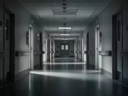 Ein langer, leerer und etwas düsterer Krankenhausflur mit glänzenden Böden und sanften Schatten, der Herausforderungen im Gesundheitswesen symbolisiert. - Foto: über boerse-global.de