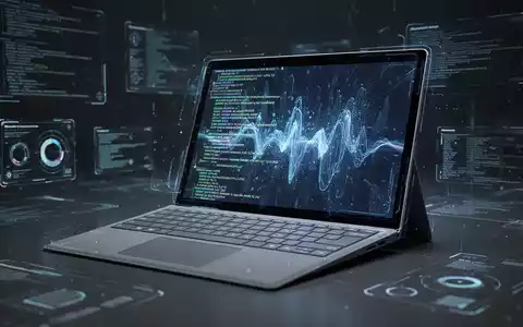 Nahaufnahme eines Microsoft Surface Laptops auf einem Schreibtisch, Bildschirm zeigt lebendige, abstrakte digitale Oberfläche. - Foto: über boerse-global.de