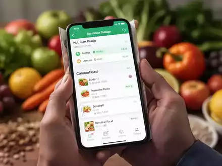 Handy mit Gesundheits-App zur Ernährungserfassung, umgeben von frischem Obst und Gemüse. - Foto: über boerse-global.de