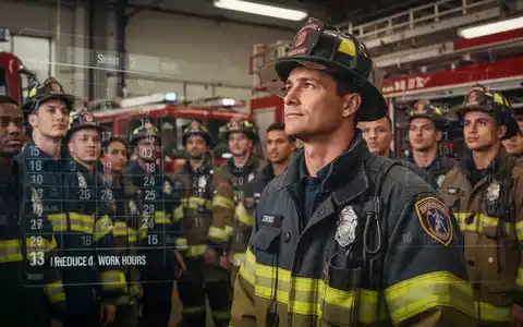 Feuerwehrleute in einer Feuerwache, die über Schichtsysteme und Burnout-Prävention nachdenken, mit einer digitalen Anzeige im Hintergrund. - Foto: über boerse-global.de
