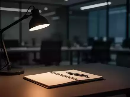 Ein minimalistischer Arbeitsplatz bei gedämpftem Licht, eine einzelne Schreibtischlampe beleuchtet Notizbuch und Stift. - Foto: über boerse-global.de
