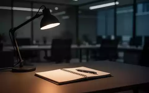 Ein minimalistischer Arbeitsplatz bei gedämpftem Licht, eine einzelne Schreibtischlampe beleuchtet Notizbuch und Stift. - Foto: über boerse-global.de