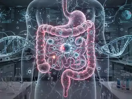 Abstrakte Darstellung des Darmmikrobioms mit leuchtenden Mikroben und DNA, verbunden mit KI-Neuronen und Datenvisualisierungen in einem Labor. - Foto: über boerse-global.de