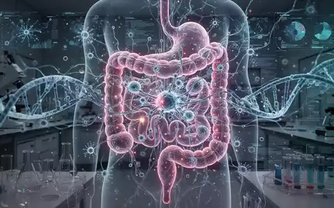 Abstrakte Darstellung des Darmmikrobioms mit leuchtenden Mikroben und DNA, verbunden mit KI-Neuronen und Datenvisualisierungen in einem Labor. - Foto: über boerse-global.de
