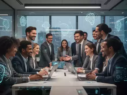 Mitarbeiter interagieren in einem modernen Büro mit integrierten digitalen Elementen, die Employee Experience und KI im Personalwesen symbolisieren. - Foto: über boerse-global.de