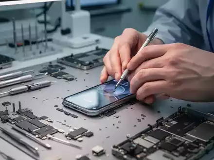 Nahaufnahme der Hände eines Technikers, die ein iPhone auf einer Werkbank reparieren, umgeben von Werkzeugen und Bauteilen. - Foto: über boerse-global.de
