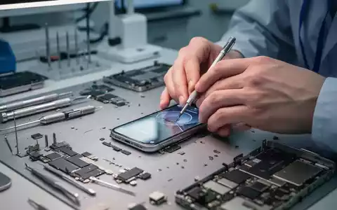 Nahaufnahme der Hände eines Technikers, die ein iPhone auf einer Werkbank reparieren, umgeben von Werkzeugen und Bauteilen. - Foto: über boerse-global.de