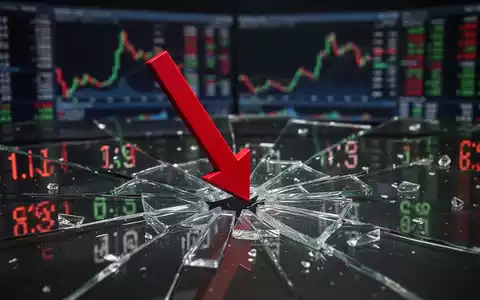 Ein roter, nach unten zeigender Pfeil durchbricht eine zerbrochene Börsenanzeige und symbolisiert einen starken Aktienrückgang. - Foto: über boerse-global.de