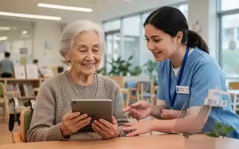 Ältere Frau lächelt, während ein junger Freiwilliger ihr an einem Tablet im hellen Gemeinschaftszentrum hilft. - Foto: über boerse-global.de