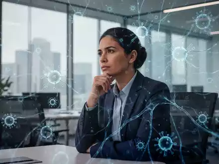 Eine Person sitzt nachdenklich in einem modernen Büro, mit subtilen visuellen Hinweisen auf Zellstrukturen, die Resilienz symbolisieren. - Foto: über boerse-global.de