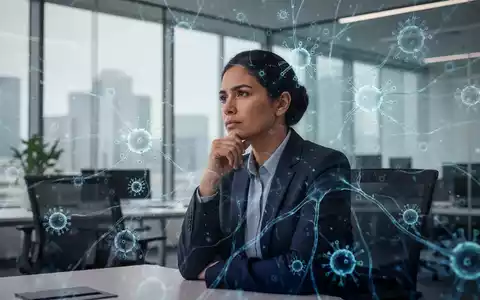 Eine Person sitzt nachdenklich in einem modernen Büro, mit subtilen visuellen Hinweisen auf Zellstrukturen, die Resilienz symbolisieren. - Foto: über boerse-global.de