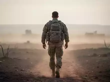 Ein Soldat in Uniform geht von einer kargen Landschaft weg in Richtung eines helleren Horizonts, der Hoffnung symbolisiert. - Foto: über boerse-global.de