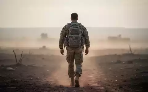 Ein Soldat in Uniform geht von einer kargen Landschaft weg in Richtung eines helleren Horizonts, der Hoffnung symbolisiert. - Foto: über boerse-global.de