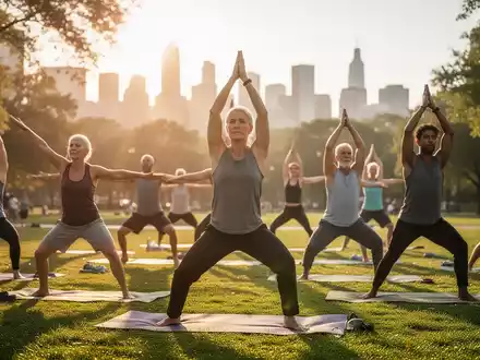 Eine vielfältige Gruppe von Menschen jeden Alters praktiziert Yoga im Freien in einem sonnigen Park vor einer verschwommenen Stadtsilhouette. - Foto: über boerse-global.de