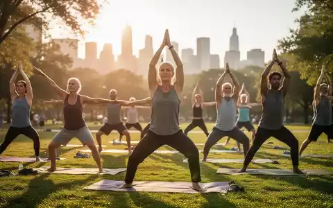 Eine vielfältige Gruppe von Menschen jeden Alters praktiziert Yoga im Freien in einem sonnigen Park vor einer verschwommenen Stadtsilhouette. - Foto: über boerse-global.de