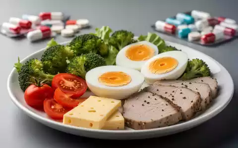 Ein ausgewogenes Gericht mit Gemüse, Eiern, Käse und Fleisch, im Hintergrund unscharfe Pillen, symbolisiert gesunde Ernährung. - Foto: über boerse-global.de