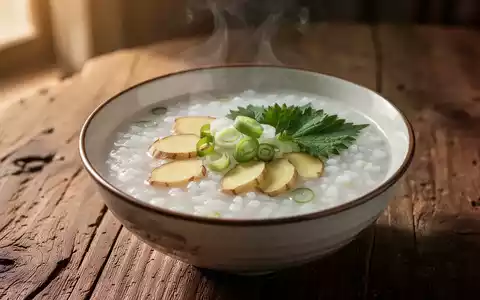 Eine dampfende Schale traditioneller chinesischer Reisbrei (Congee) mit Ingwer, Frühlingszwiebeln und Perillablättern auf einem Holztisch. - Foto: über boerse-global.de