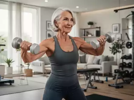 Eine sportliche Frau über 50 trainiert ihre Oberarme mit Hanteln in einem modernen Fitnessraum. - Foto: über boerse-global.de