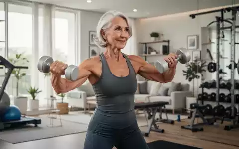 Eine sportliche Frau über 50 trainiert ihre Oberarme mit Hanteln in einem modernen Fitnessraum. - Foto: über boerse-global.de