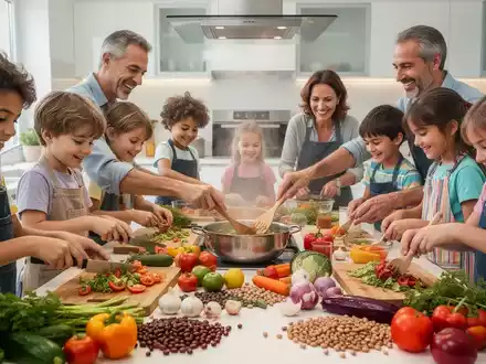 Eine Gruppe von Kindern und Erwachsenen kocht gemeinsam in einer hellen Küche, mit Fokus auf frische, regionale Zutaten wie Gemüse und Hülsenfrüchte. - Foto: über boerse-global.de