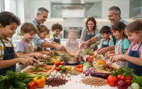 Eine Gruppe von Kindern und Erwachsenen kocht gemeinsam in einer hellen Küche, mit Fokus auf frische, regionale Zutaten wie Gemüse und Hülsenfrüchte. - Foto: über boerse-global.de