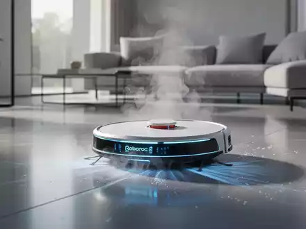 Ein futuristischer Saugroboter reinigt mit Dampf einen modernen Boden in einem minimalistischen Wohnzimmer. - Foto: über boerse-global.de
