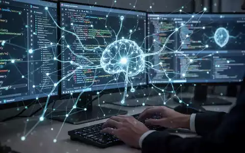 Futuristische Softwareentwicklungsumgebung mit leuchtenden Linien, die KI-Agenten bei der Automatisierung von Code- und Sicherheitsaufgaben auf mehreren Bildschirmen darstellen. - Foto: über boerse-global.de