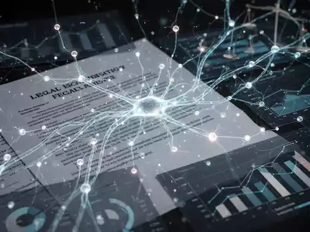 Ein leuchtendes neuronales Netzwerk über juristischen Dokumenten und Finanzdiagrammen, das die Rolle der KI in Rechts- und Geschäftsabläufen darstellt. - Foto: über boerse-global.de
