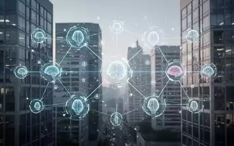 Zukunftsweisende digitale Schnittstelle mit leuchtenden Knoten und Linien, die KI-Agenten symbolisieren, über einem Bürogebäude. - Foto: über boerse-global.de
