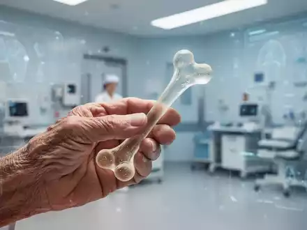 Eine ältere Hand hält sanft einen stilisierten, durchscheinenden Knochen, im Hintergrund eine verschwommene Klinik mit digitalen Elementen. - Foto: über boerse-global.de