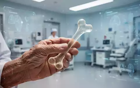 Eine ältere Hand hält sanft einen stilisierten, durchscheinenden Knochen, im Hintergrund eine verschwommene Klinik mit digitalen Elementen. - Foto: über boerse-global.de