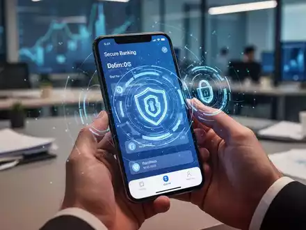 Nahaufnahme eines Smartphones, das eine Banking-App mit Sicherheitsfunktionen anzeigt, gehalten von Händen in einem modernen Büro. - Foto: über boerse-global.de