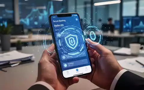 Nahaufnahme eines Smartphones, das eine Banking-App mit Sicherheitsfunktionen anzeigt, gehalten von Händen in einem modernen Büro. - Foto: über boerse-global.de