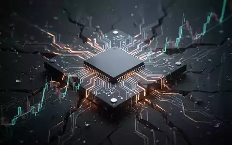 Ein stilisierter Halbleiterchip, der Risse zeigt, vor einem dunklen Hintergrund, der einen Bärenmarkt symbolisiert. - Foto: über boerse-global.de