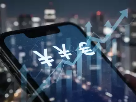 iPhone-Bildschirm mit Yen-Symbolen und Aufwärtspfeilen vor unscharfen Tokioter Lichtern - Foto: über boerse-global.de