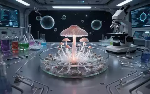Ein zukünftiges Labor im Weltraum mit schwebenden Geräten und leuchtendem Psilocybin-Myzel in einer Petrischale. - Foto: über boerse-global.de
