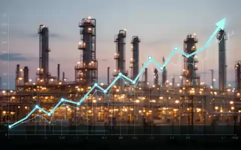 Eine stilisierte, aufwärts gerichtete Finanzgrafik über einer unscharfen Ölraffinerie bei Sonnenuntergang. - Foto: über boerse-global.de