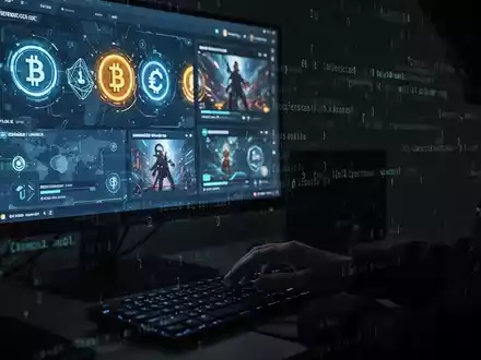 Ein dunkler Raum mit einem Computerbildschirm, der Kryptowährungssymbole und Spieloberflächen zeigt, während eine Hand zur Tastatur greift. - Foto: über boerse-global.de