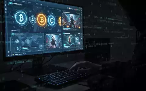 Ein dunkler Raum mit einem Computerbildschirm, der Kryptowährungssymbole und Spieloberflächen zeigt, während eine Hand zur Tastatur greift. - Foto: über boerse-global.de