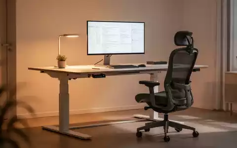 Ein modernes Homeoffice mit ergonomischem, höhenverstellbarem Schreibtisch, Stuhl und Monitor, unterstrichen von sanfter Beleuchtung. - Foto: über boerse-global.de
